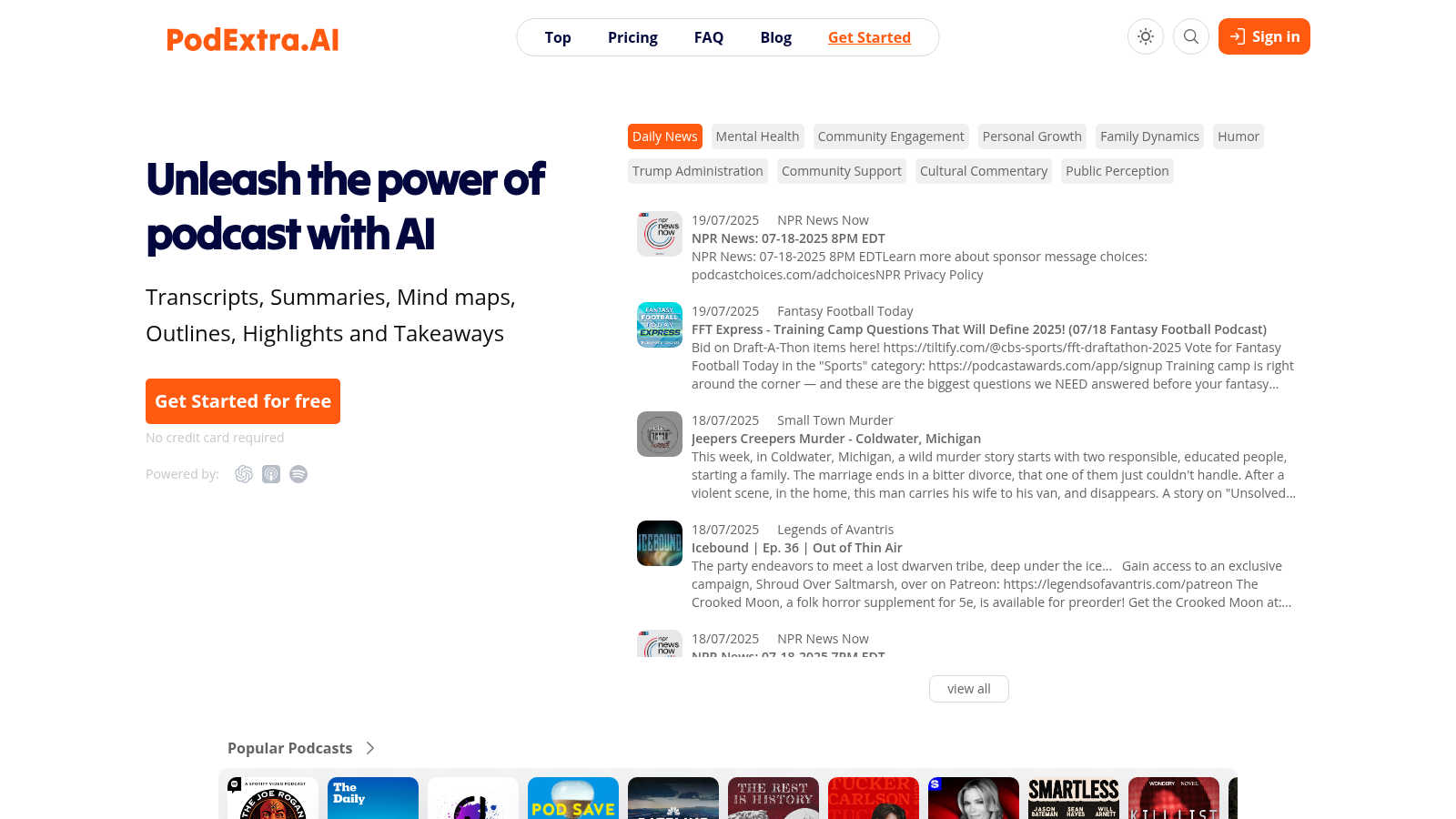 PodExtra AI AI tool interface and features