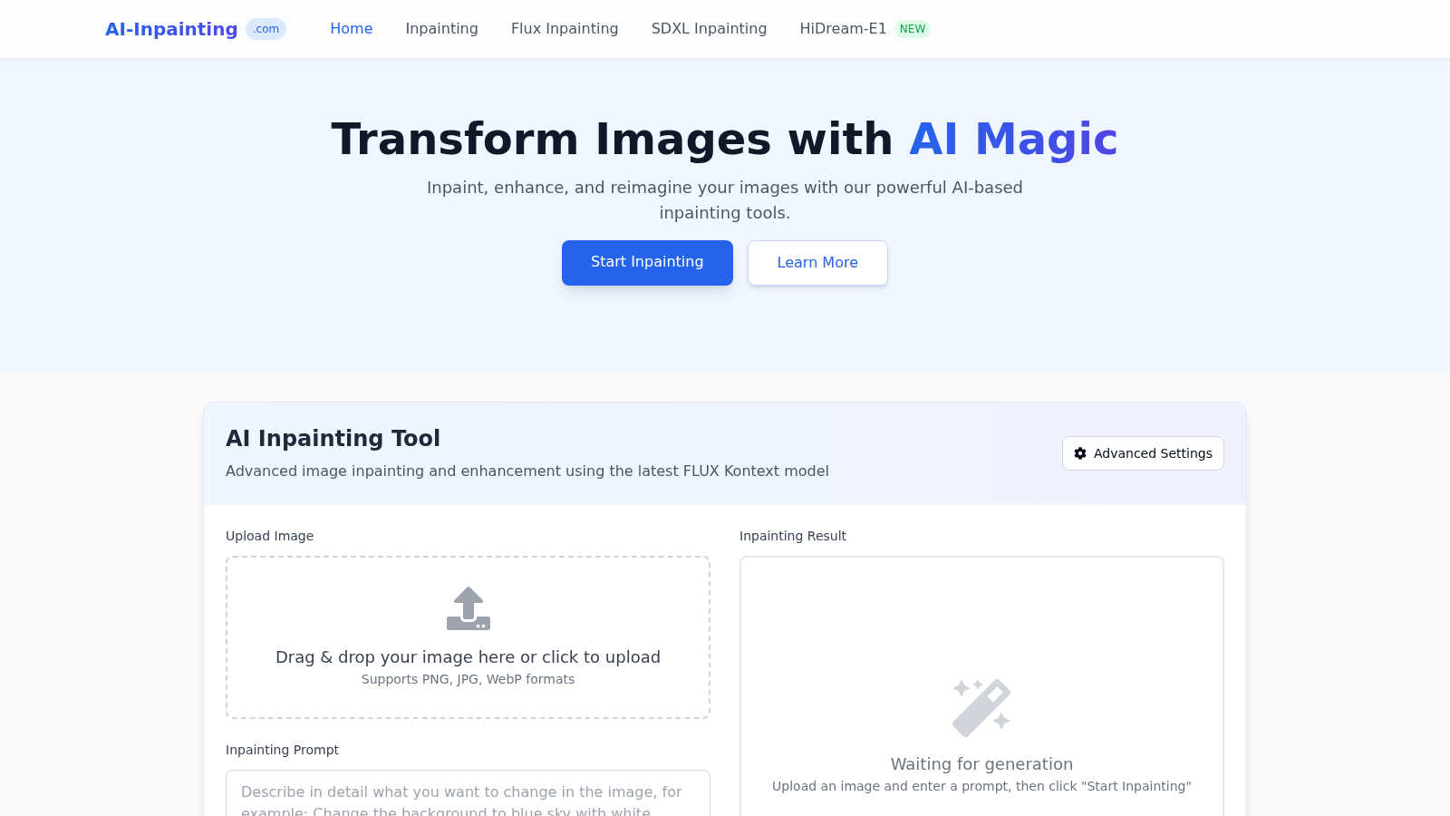 AI Inpainting AI tool interface and features