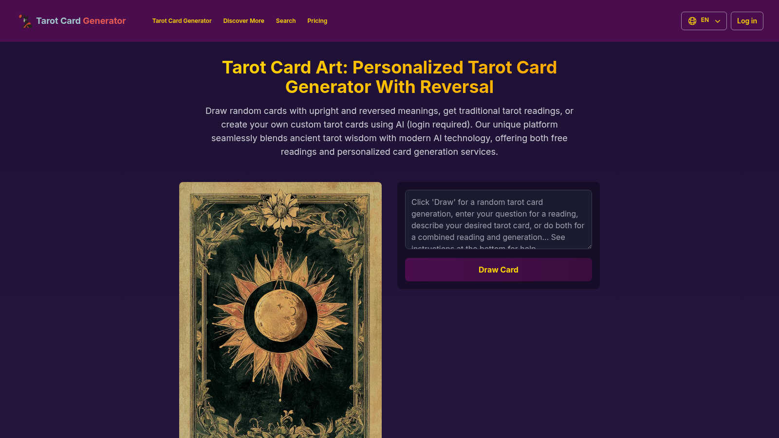 Tarot Card Art AI tool interface and features