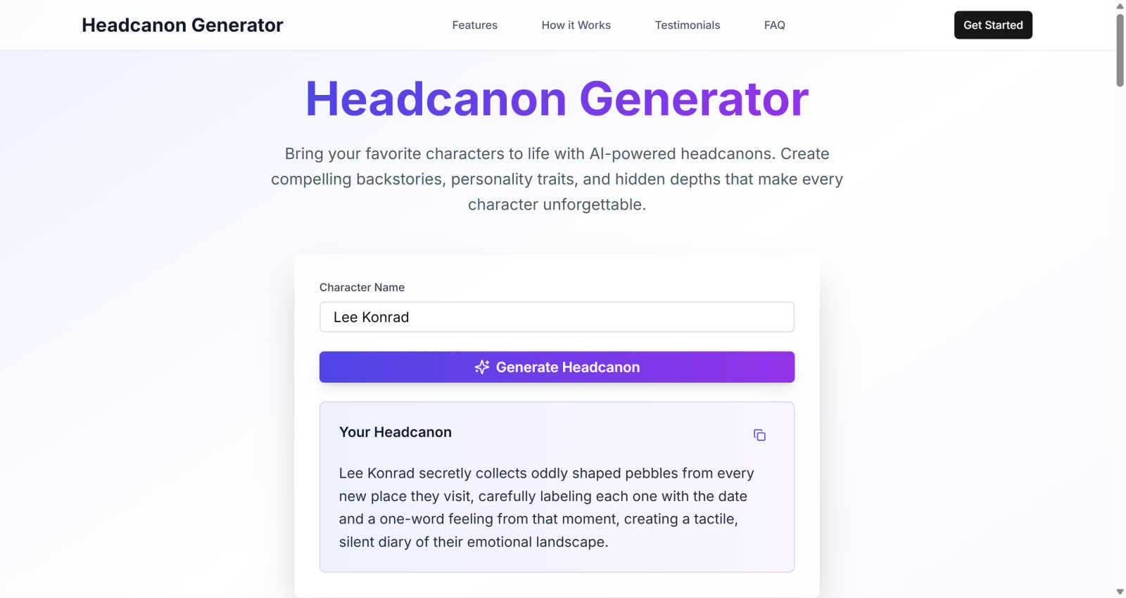 Headcanon Generator AI tool interface and features