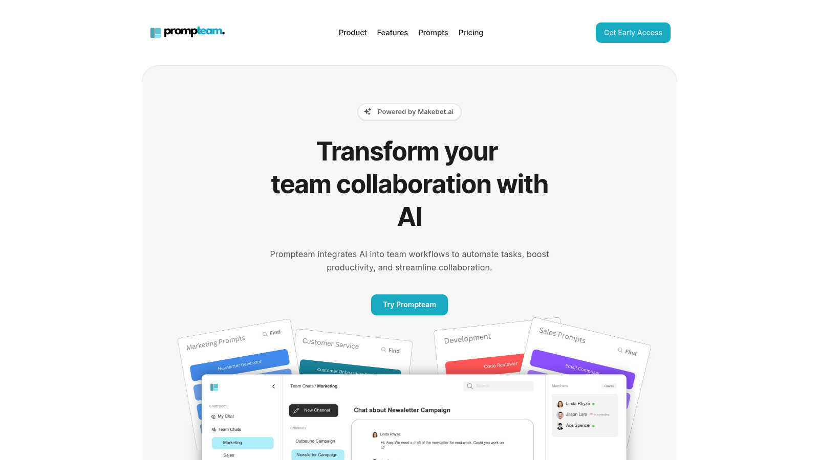 Prompteam AI tool interface and features
