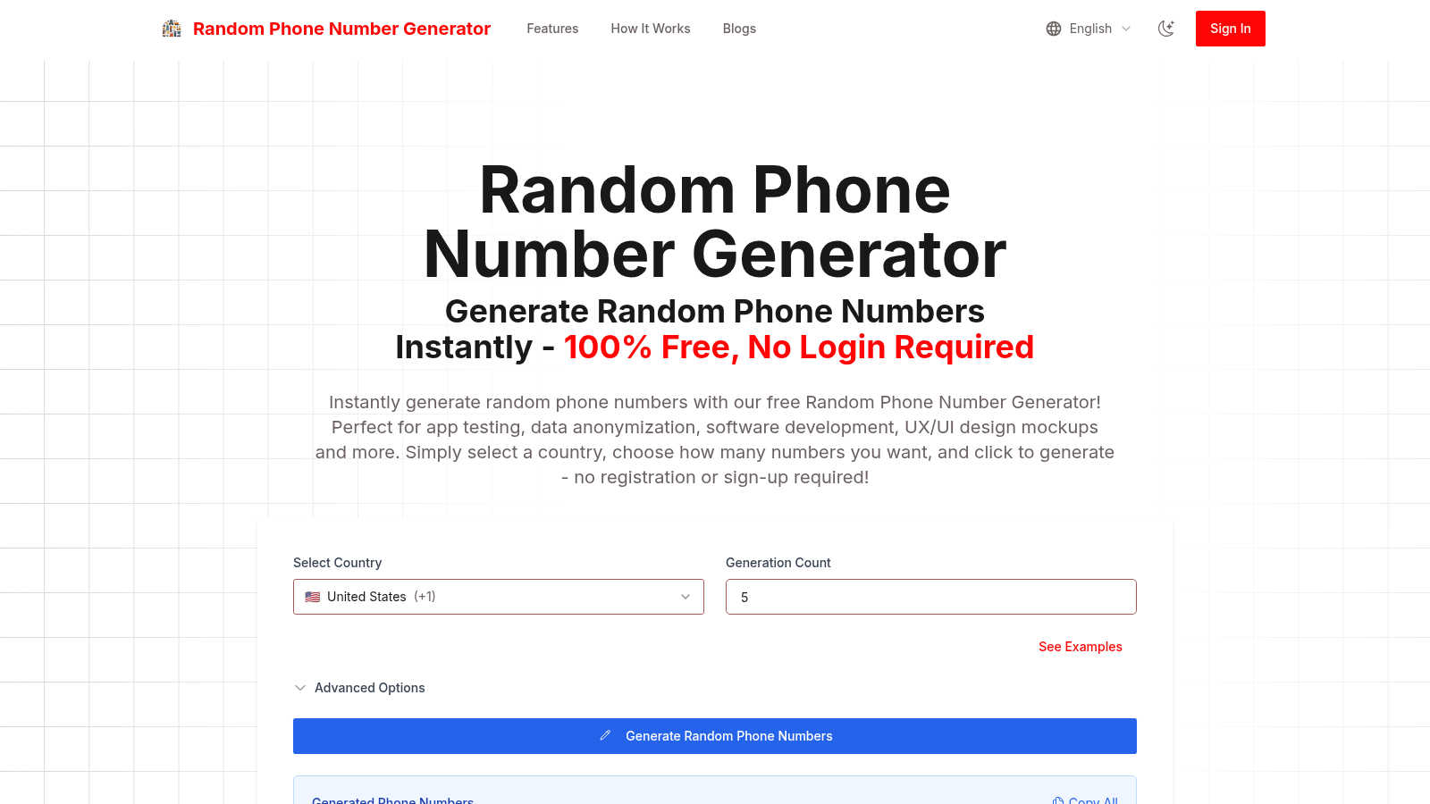 Random Phone Number Generator AI tool interface and features