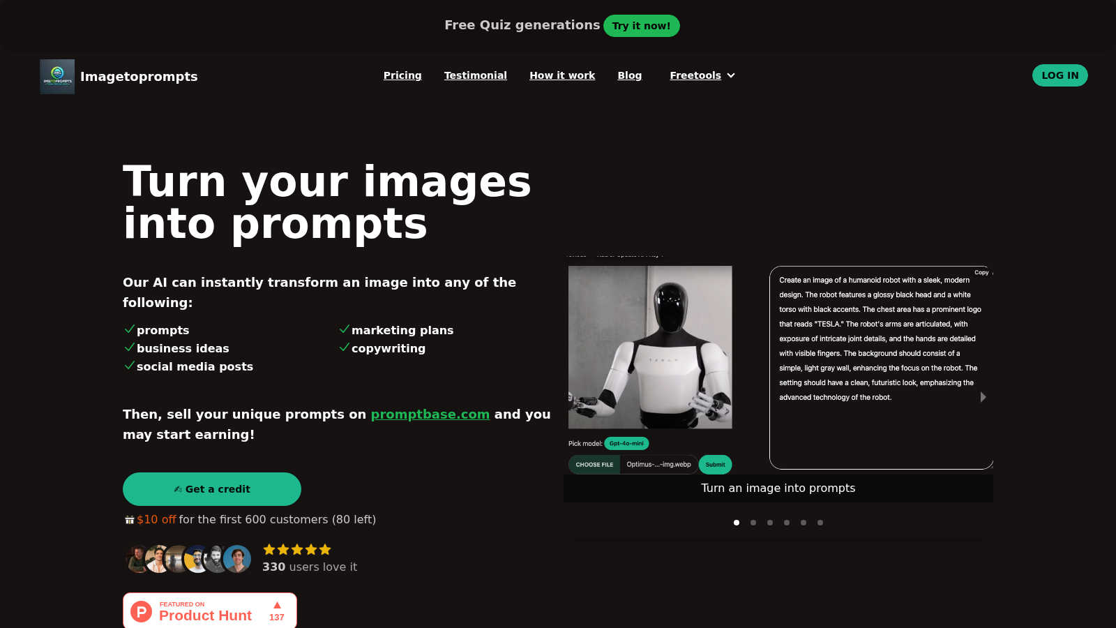 Imagetoprompts AI tool interface and features