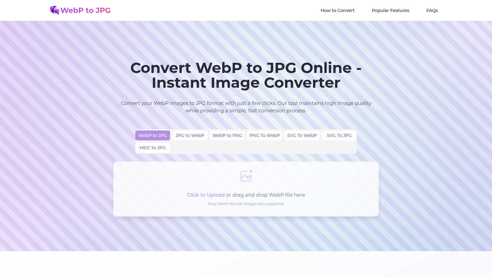 WebP to JPG Converter AI tool interface and features
