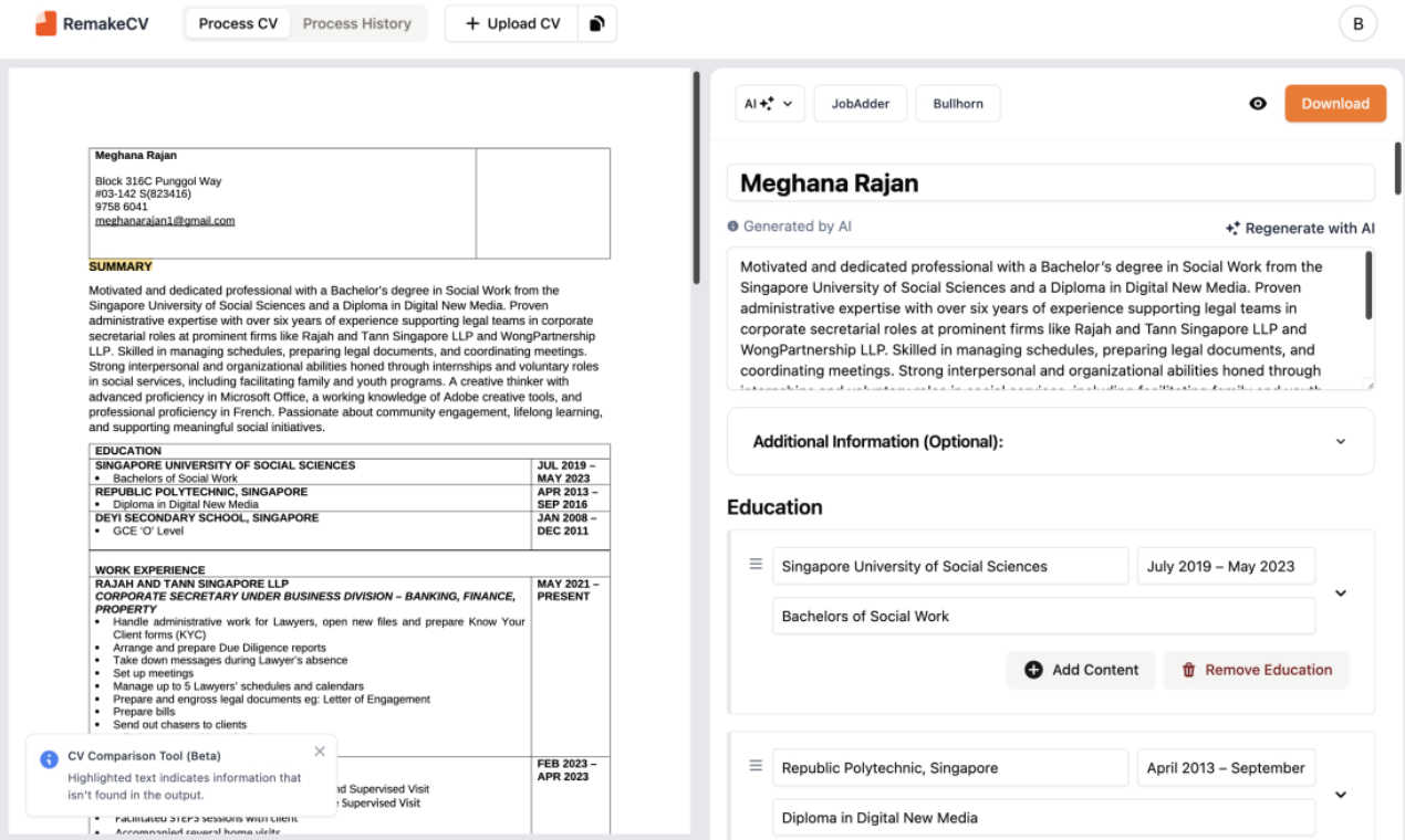 RemakeCV AI tool interface and features