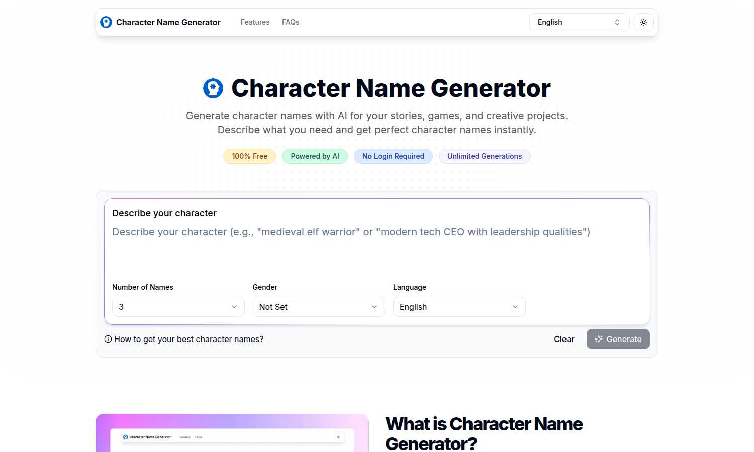 Character Name Generator AI tool interface and features