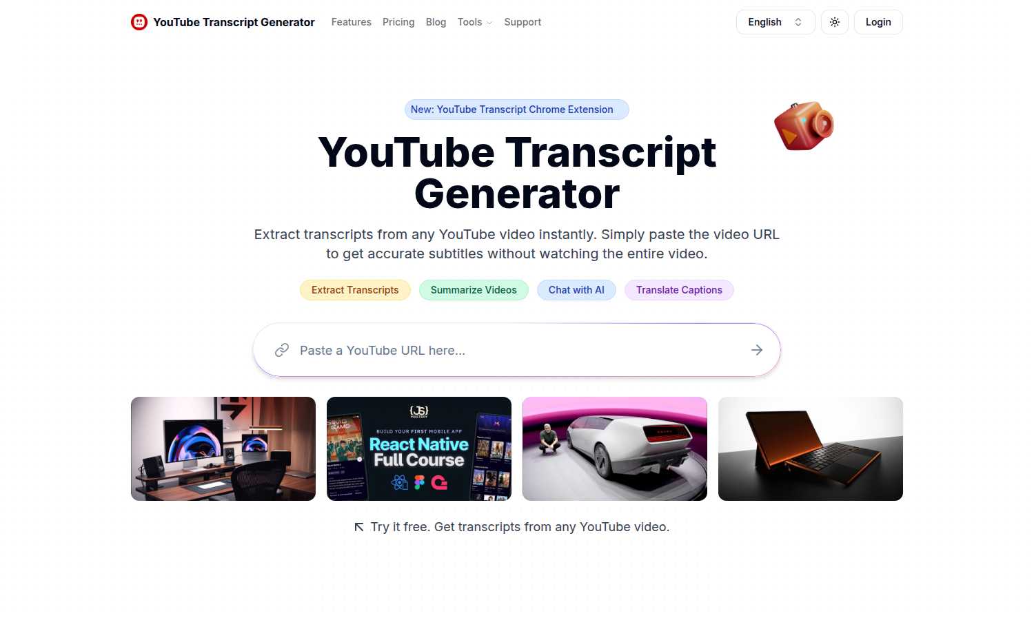 YouTube Transcript Generator AI tool interface and features