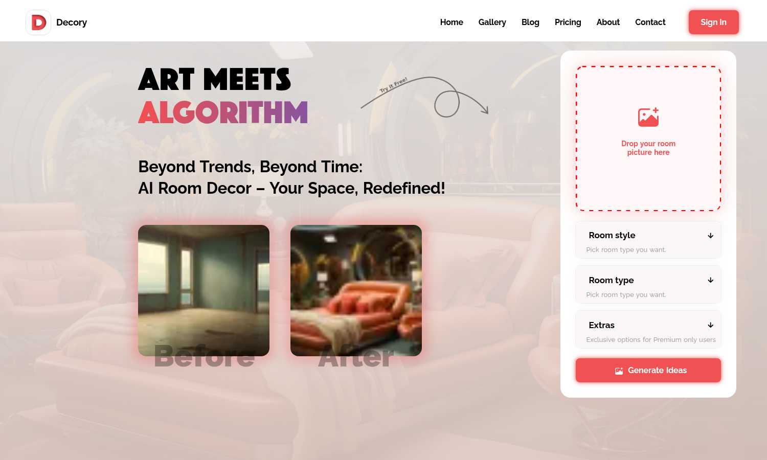 Decory AI tool interface and features