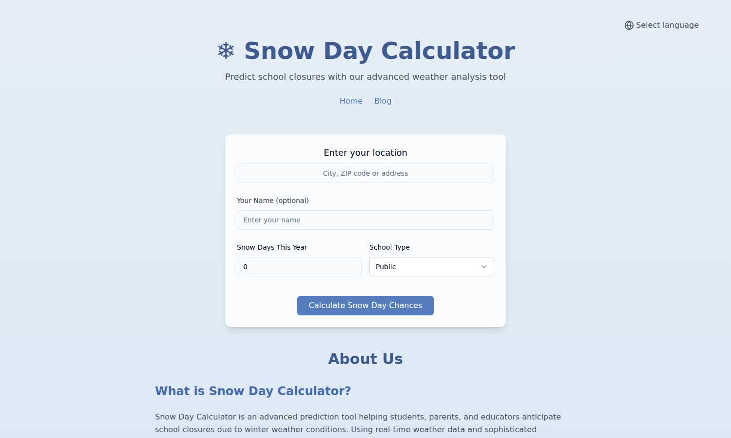 Snow Day Calculator AI tool interface and features