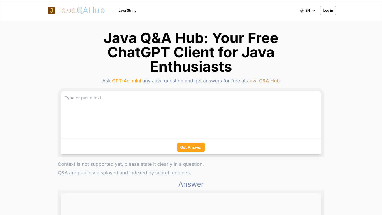 Java Q&A Hub AI tool interface and features