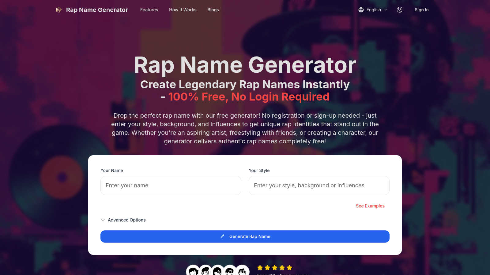 Rap Name Generator AI tool interface and features