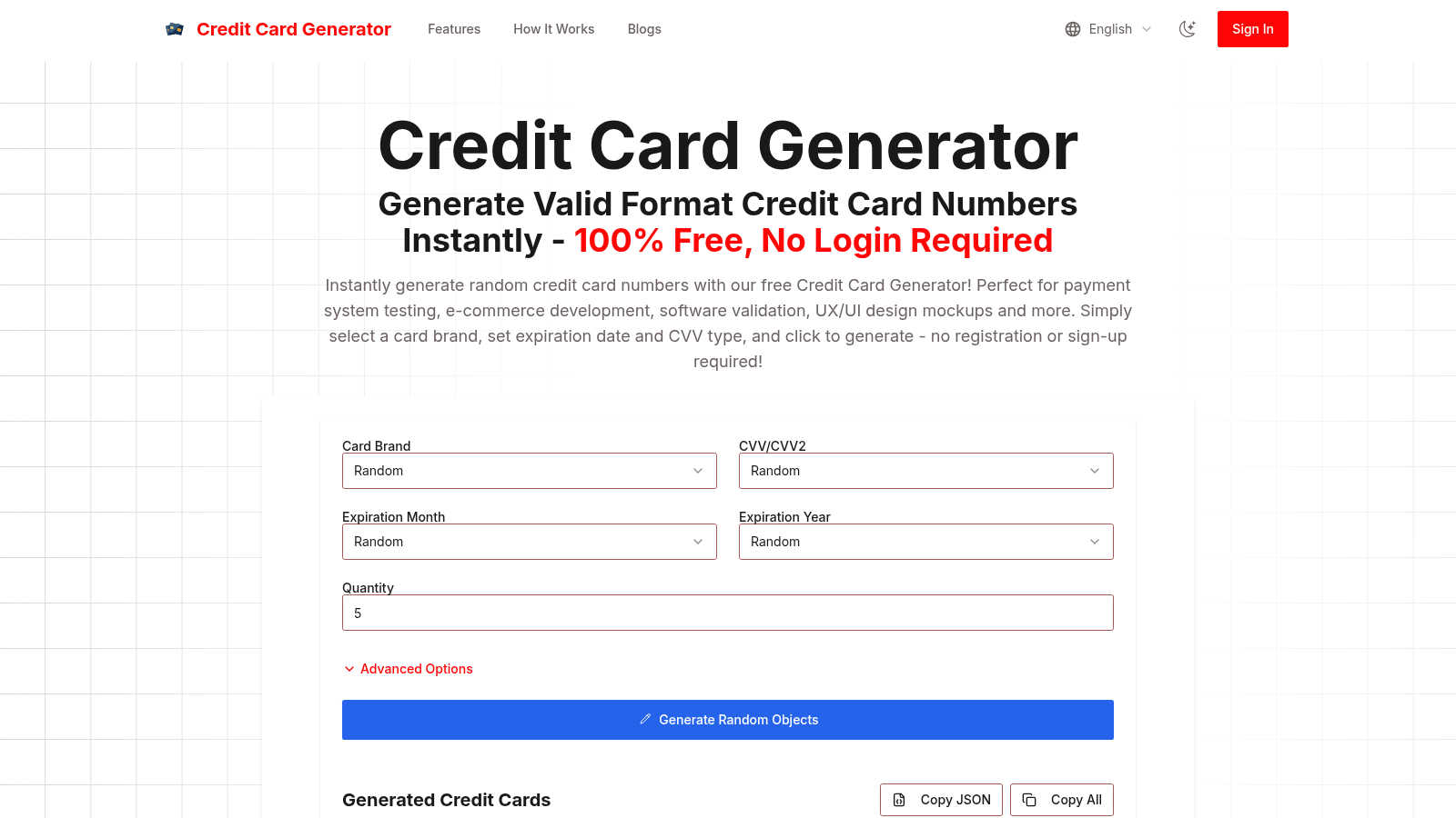 Credit Card Generator AI tool interface and features