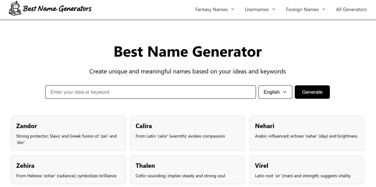 Best Name Generators AI tool interface and features