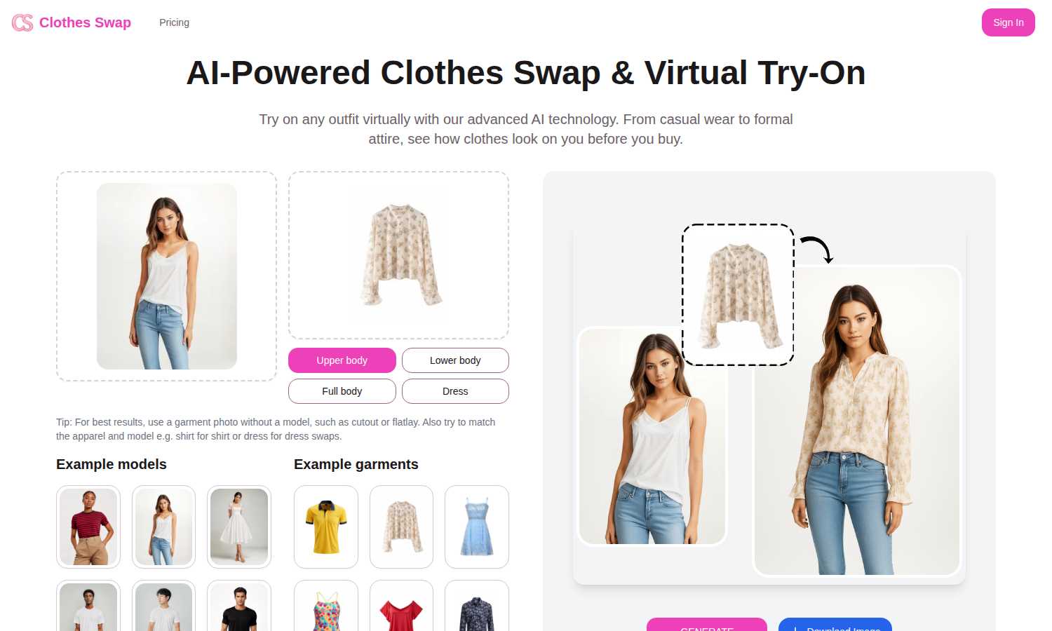 Clothes Swap AI tool interface and features