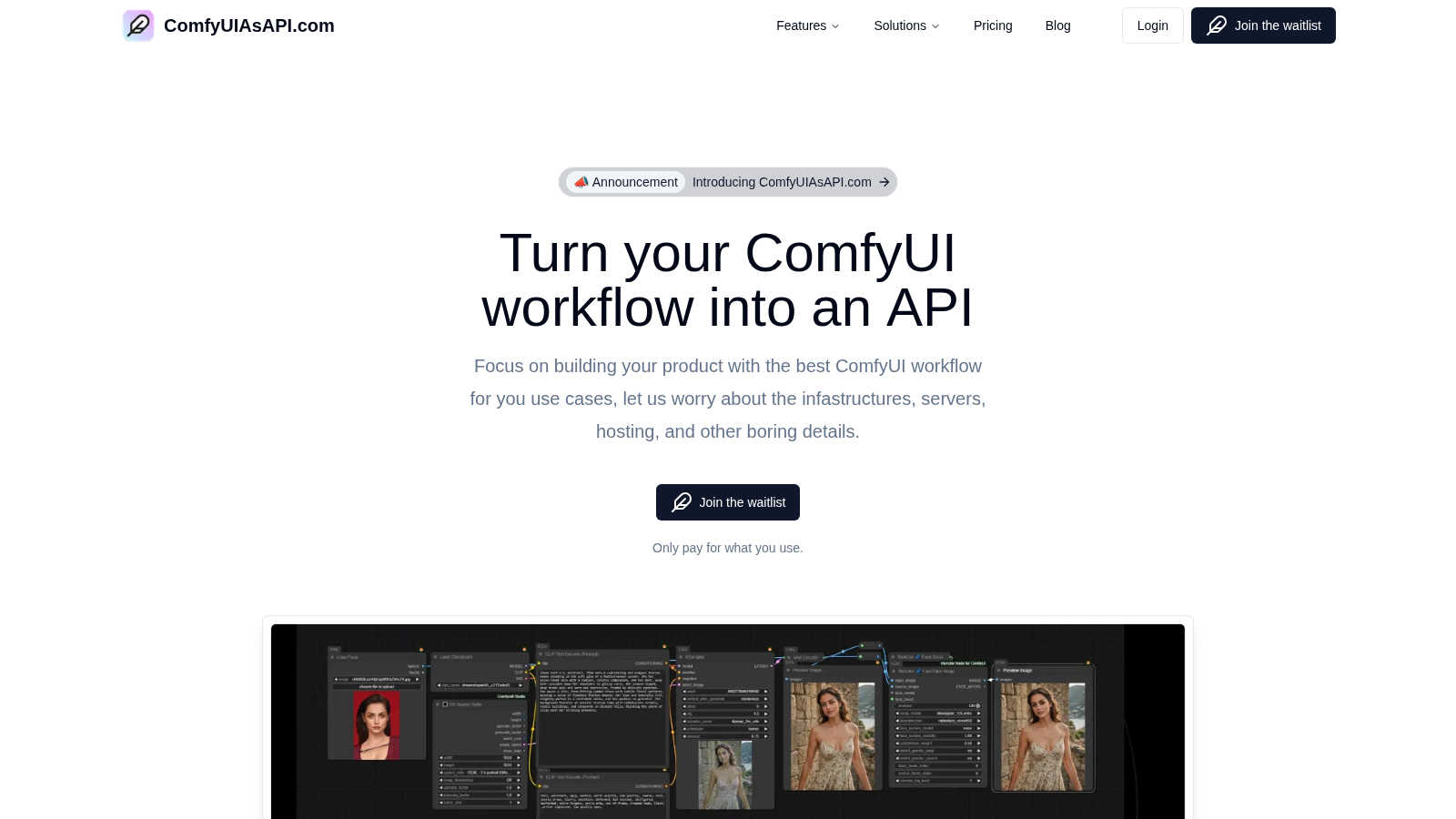 ComfyUIAsAPI.com AI tool interface and features