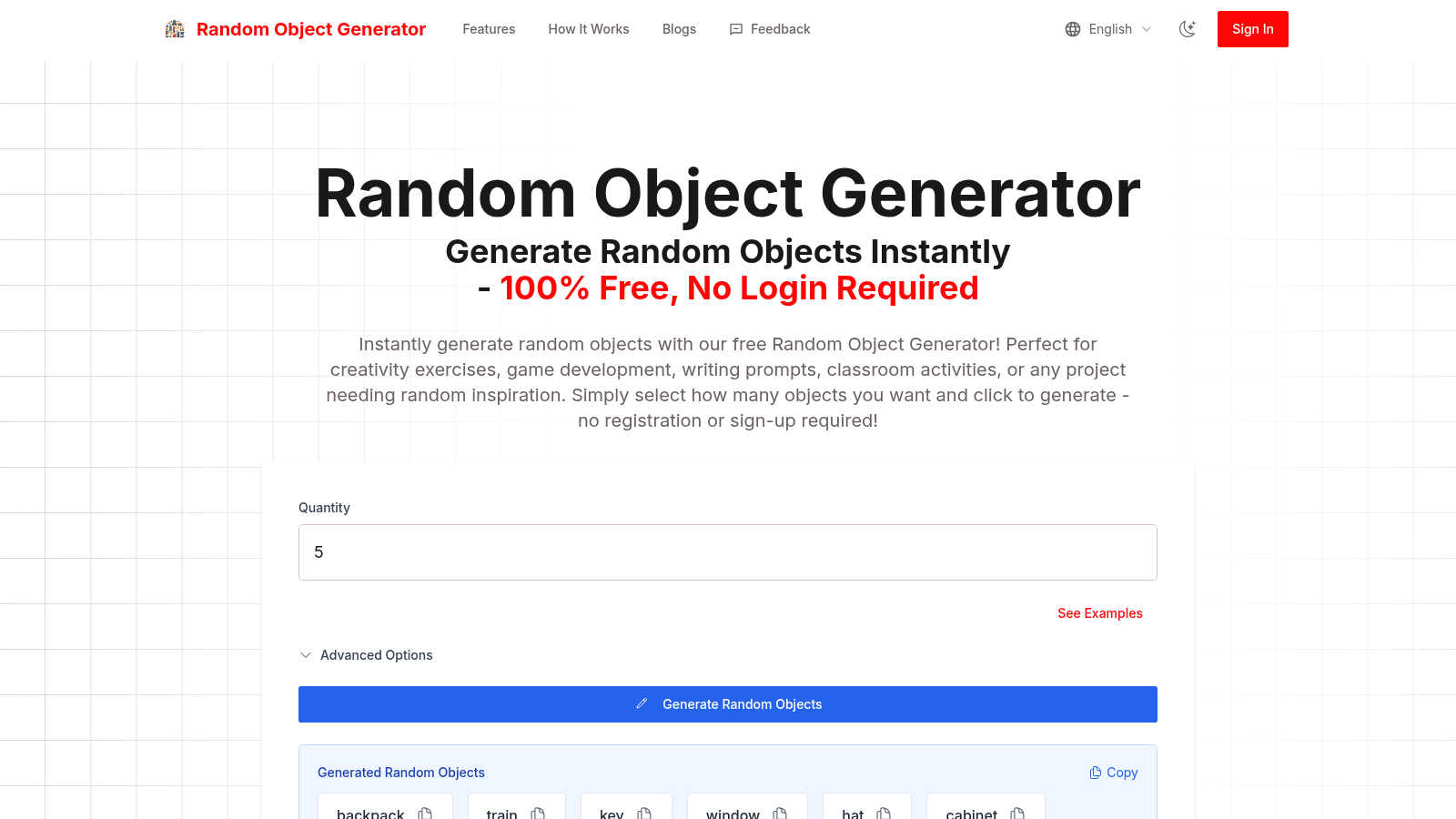 Random Object Generator AI tool interface and features
