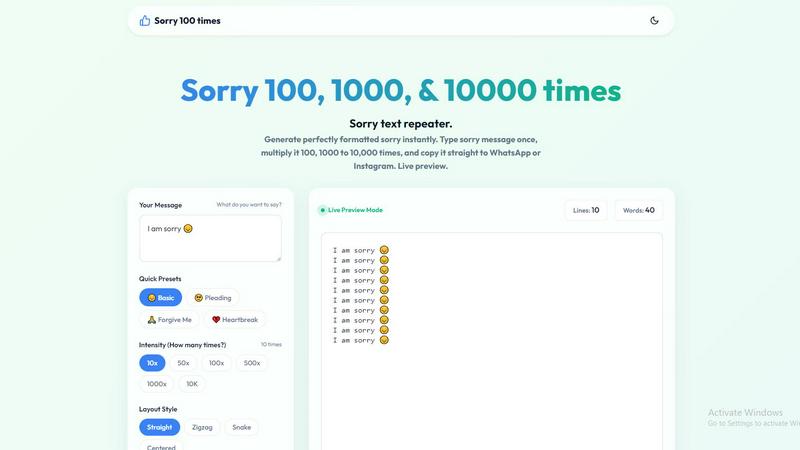 Sorry Hundred Times application interface and features